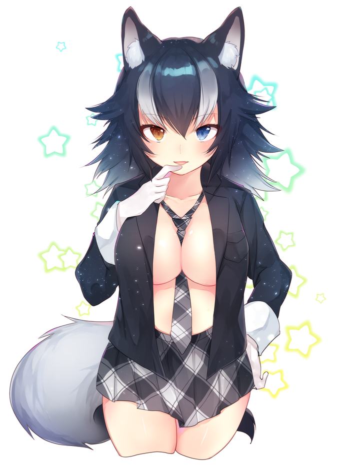 1girl animal_ears arare_mochiko between_breasts black_hair blue_eyes breasts collarbone gloves grey_wolf_(kemono_friends) hand_on_hip heterochromia kemono_friends large_breasts long_hair long_sleeves looking_at_viewer multicolored_hair necktie open_clothes open_mouth open_shirt pleated_skirt shirt skirt solo tail two-tone_hair wolf_ears wolf_tail yellow_eyes