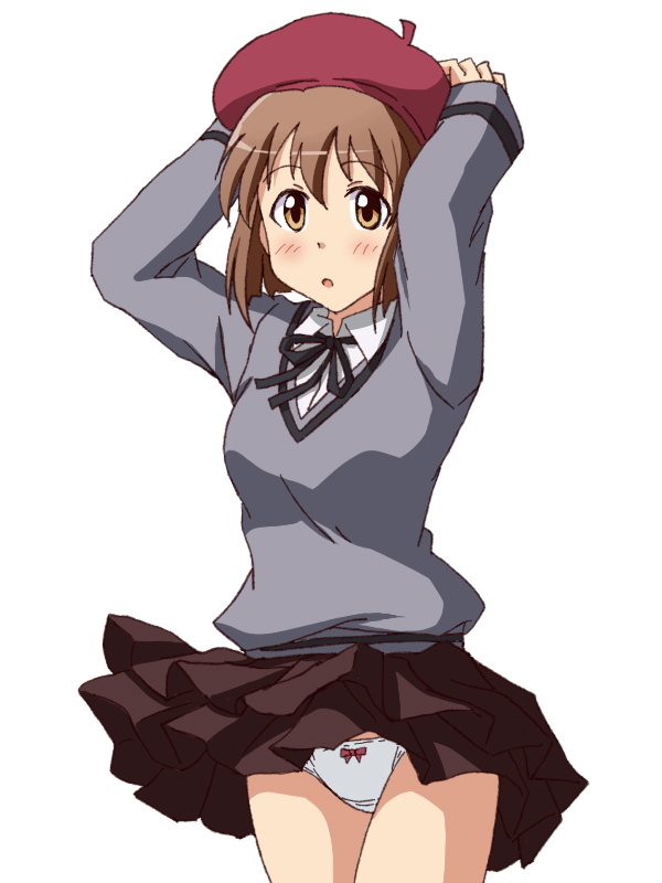 1girl arms_behind_head bangs beret black_ribbon black_skirt blue_sweater bow bow_panties brown_eyes brown_hair commentary_request cowboy_shot crotch_seam dress_shirt hagiwara_yukiho hat idolmaster layered_skirt lielos long_sleeves looking_at_viewer miniskirt panties pantyshot pantyshot_(standing) parted_lips pleated_skirt purple_hat ribbon shirt short_hair simple_background skirt skirt_lift solo standing sweater underwear v-neck white_background white_panties white_shirt wind wind_lift