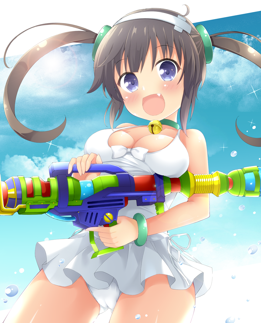 1girl blue_eyes bracelet breasts brown_hair casual_one-piece_swimsuit fang hairband jewelry large_breasts looking_at_viewer maccha minori_(senran_kagura) one-piece_swimsuit senran_kagura senran_kagura_(series) solo swimsuit swimsuit_skirt twintails water_gun