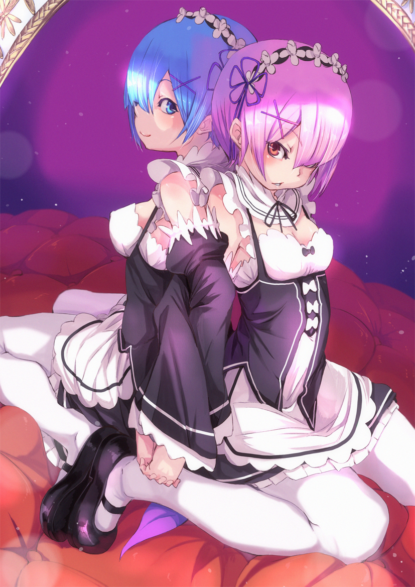 2girls blue_eyes blue_hair breasts erect_nipples fu-ta hair_over_one_eye hairband maid multiple_girls orange_eyes pink_hair ram_(re:zero) re:zero_kara_hajimeru_isekai_seikatsu rem_(re:zero) short_hair siblings sisters sitting wariza white_legwear