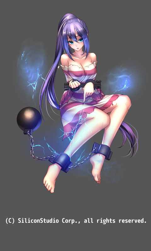 1girl ankle_cuffs ball_and_chain ball_and_chain_restraint barefoot blush breasts chains character_request cleavage cuffs electricity feet gyakushuu_no_fantasica long_hair off_shoulder official_art prison_clothes prisoner purple_hair ryuki@maguro-ex shackles torn_clothes