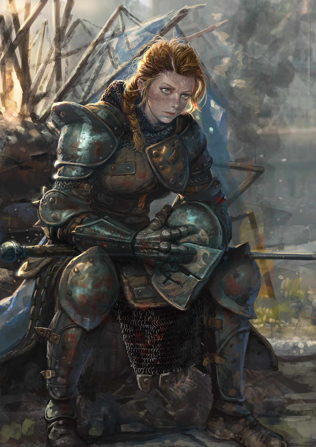1girl braid broadsword chainmail closed_mouth for_honor full_body green_eyes headwear_removed helmet helmet_removed highres holding holding_helmet kim_junghun lips orange_hair plate_armor realistic sitting smoke warden_(for_honor)