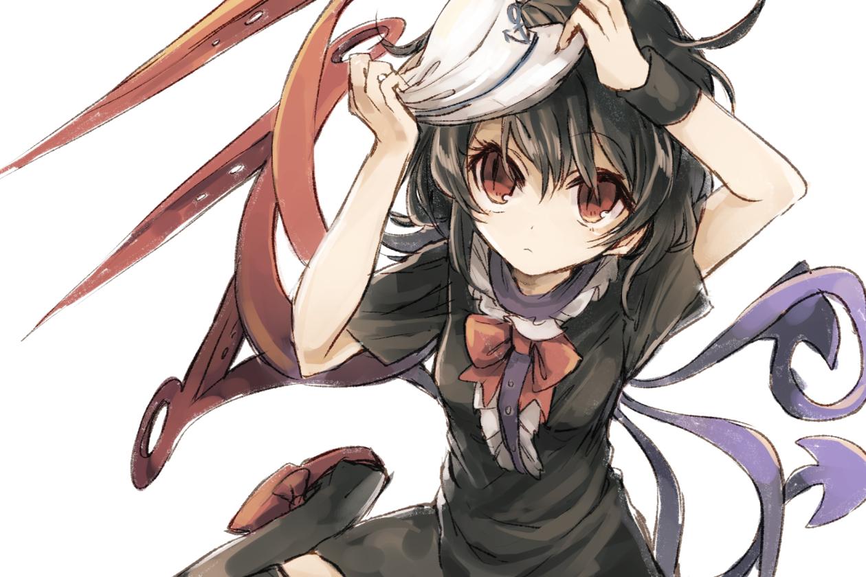 1girl arms_up asymmetrical_wings black_dress black_hair black_legwear bow bowtie commentary_request dress hat hisona_(suaritesumi) houjuu_nue looking_up red_eyes sailor_hat shoes short_hair short_sleeves simple_background sitting slit_pupils solo thigh-highs touhou upper_body white_background wings