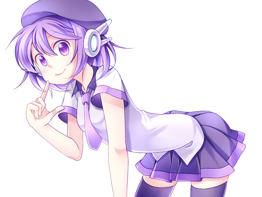 1girl eyebrows_visible_through_hair finger_to_mouth hair_ornament haru.jpg hat index_finger_raised looking_at_viewer necktie purple_hair purple_hat purple_legwear purple_necktie purple_skirt short_hair short_sleeves skirt smile solo thigh-highs utane_uta utau violet_eyes