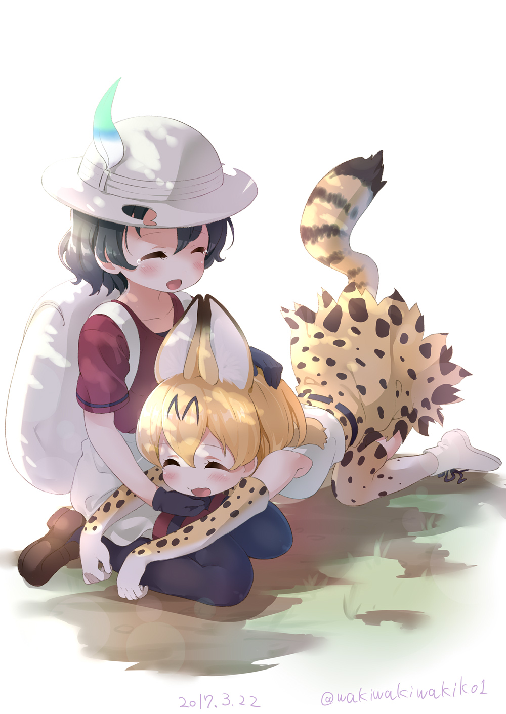 2girls all_fours animal_ears backpack bag black_gloves black_hair black_legwear blonde_hair blush boots brown_shoes bucket_hat cat_ears cat_tail closed_eyes dated elbow_gloves gloves hair_between_eyes hat hat_feather highres kaban_(kemono_friends) kemono_friends loafers multiple_girls neki_(wakiko) open_mouth pantyhose red_shirt serval_(kemono_friends) serval_ears serval_print serval_tail shirt shoes short_hair shorts sitting sleeveless smile tail tears twitter_username wavy_hair white_boots