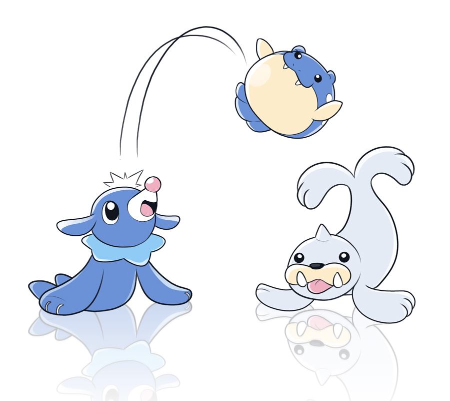 fangs mary_cagle motion_lines no_humans open_mouth pokemon pokemon_(creature) popplio reflective_floor seel spheal tongue tongue_out white_background