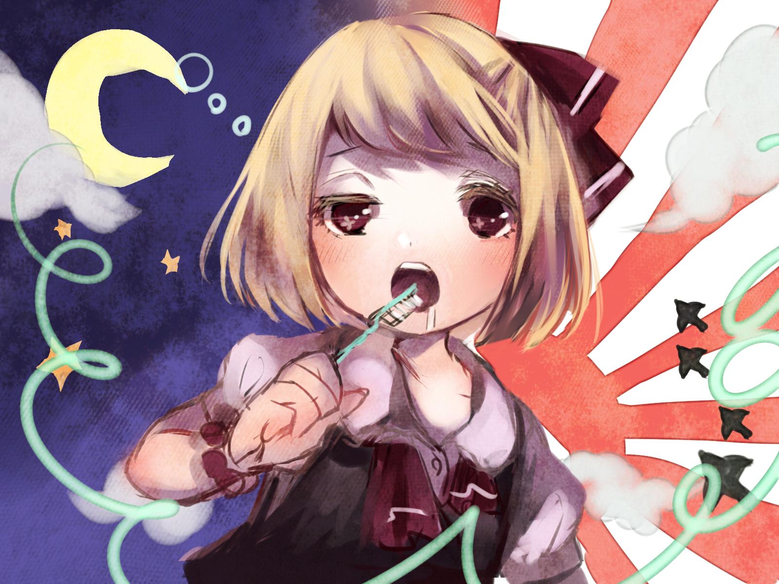 1girl adapted_costume blonde_hair blush bracelet clouds crescent_moon directional_arrow hair_ornament hair_ribbon highres jewelry jpeg_artifacts looking_at_viewer moon open_mouth puffy_sleeves red_eyes ribbon rumia sanso shirt short_hair short_sleeves sleepy solo toothbrush touhou upper_body vest