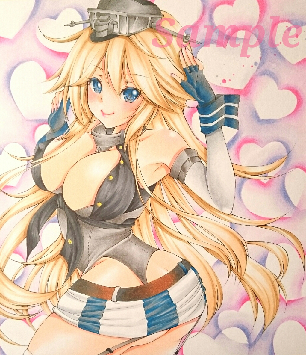 1girl bare_shoulders blonde_hair blue_eyes breasts cleavage fingerless_gloves front-tie_top garter_straps gloves hair_between_eyes iowa_(kantai_collection) kantai_collection large_breasts long_hair looking_at_viewer looking_back miniskirt salute sample skirt smile solo star star-shaped_pupils striped striped_legwear symbol-shaped_pupils tama_(kkm11030611) thigh-highs traditional_media vertical-striped_legwear vertical_stripes very_long_hair