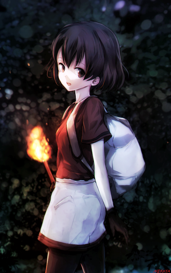 1girl artist_name bag black_cerulean_(kemono_friends) black_eyes black_hair black_legwear breasts dyolf fire from_side gloves kaban kemono_friends looking_at_viewer night no_hat no_headwear open_mouth outdoors pantyhose pantyhose_under_shorts shirt short_hair short_sleeves shorts smile solo torch