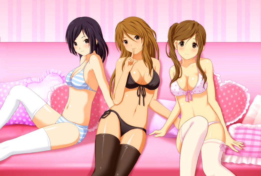 3girls black_bra black_eyes black_hair black_legwear black_panties blush bra breasts brown_eyes brown_hair cleavage couch extra front-tie_top heart heart_pillow k-on! lingerie long_hair medium_breasts multiple_girls navel okada_haruna panties pillow pink_legwear polka_dot polka_dot_bra revision satou_akane shian_(my_lonly_life.) short_hair side-tie_panties side_ponytail sitting smile striped striped_bra striped_panties tachibana_himeko thigh-highs underwear underwear_only white_legwear