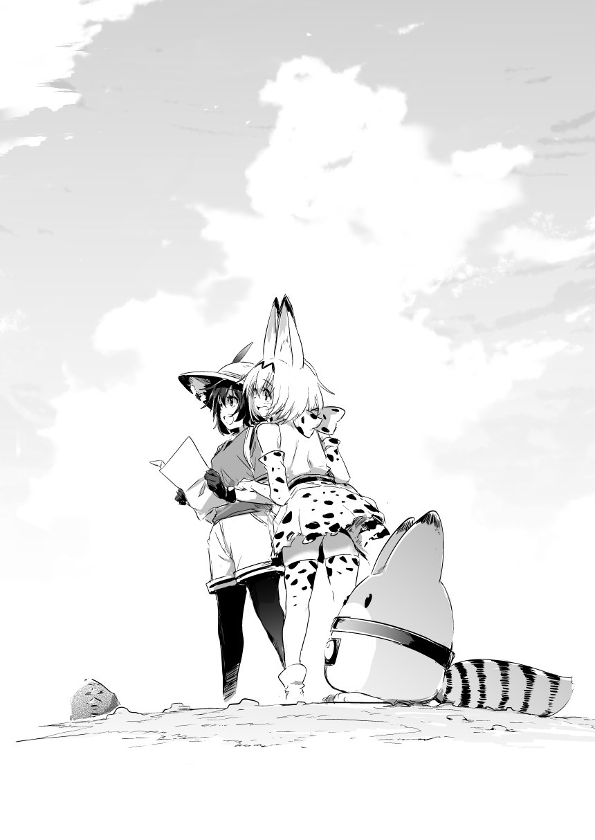 2girls animal_ears backpack bag black_gloves black_hair bow bucket_hat clouds day elbow_gloves gloves hair_between_eyes hat hat_feather highres kaban kemono_friends lefthand lucky_beast_(kemono_friends) map multiple_girls open_mouth rock serval_(kemono_friends) serval_ears serval_print serval_tail shirt short_hair shorts sky smile t-shirt tail wavy_hair
