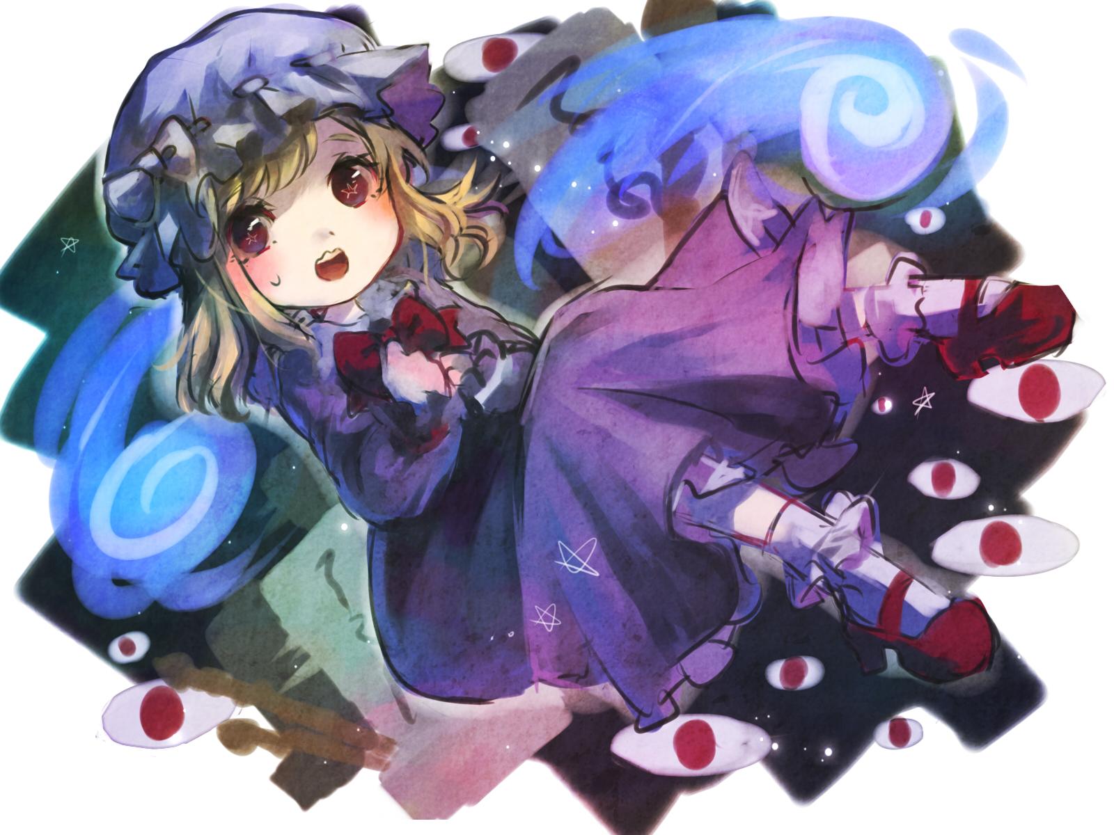 1girl blonde_hair bow dress eyes hat highres long_sleeves maribel_hearn mary_janes mob_cap open_mouth purple_dress sanso shoes short_hair socks solo star star-shaped_pupils sweatdrop symbol-shaped_pupils touhou wavy_mouth white_legwear