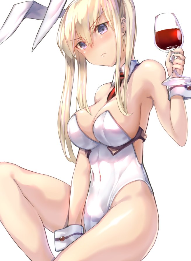 1girl alcohol alternate_costume animal_ears armadillo-tokage armpits bare_legs bare_shoulders between_breasts blonde_hair blue_eyes bow bowtie breasts bunny_girl bunny_tail bunnysuit cleavage covered_navel cup detached_collar drinking_glass fake_animal_ears graf_zeppelin_(kantai_collection) hair_between_eyes holding_glass kantai_collection large_breasts leotard long_hair necktie necktie_between_breasts rabbit_ears serious sidelocks sitting tail thighs tsurime twintails white_leotard wine wine_glass wrist_cuffs