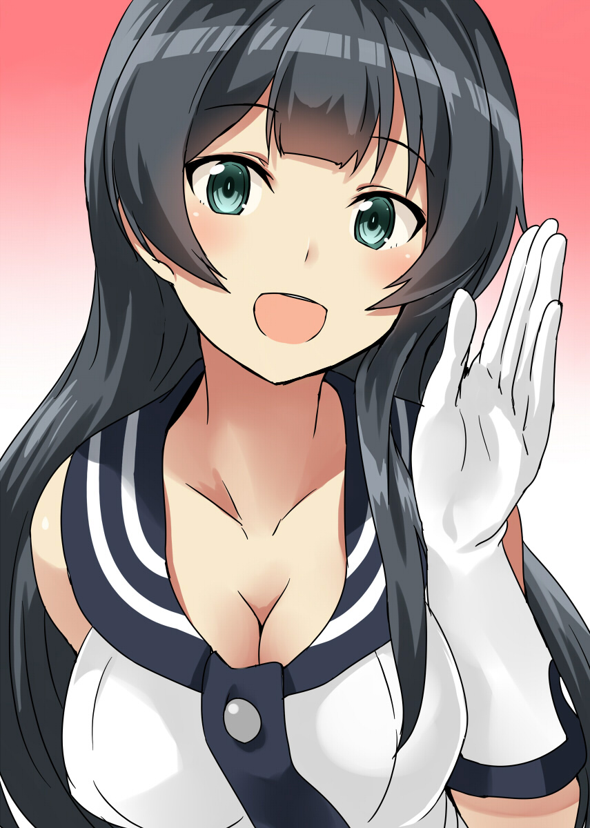 1girl 2017 agano_(kantai_collection) aqua_eyes bare_shoulders black_hair blush breasts cleavage collarbone dated elbow_gloves eyebrows_visible_through_hair gloves gradient gradient_background hand_up highres kamelie kantai_collection large_breasts long_hair looking_at_viewer open_mouth red_background sailor_collar solo waving white_gloves