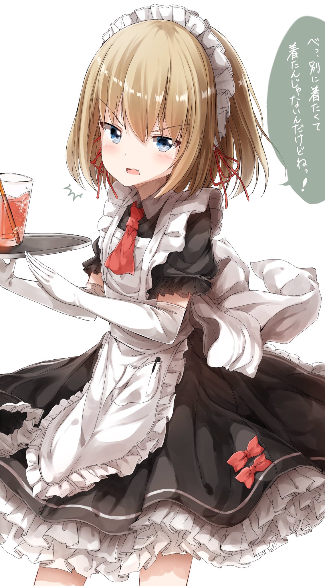 /\/\/\ 1girl alternate_costume apron ascot bangs black_dress blonde_hair blue_eyes bow cowboy_shot cup dress elbow_gloves enmaided fang frilled_dress frills girls_und_panzer gloves hair_ribbon highres holding katyusha looking_at_viewer maid maid_apron maid_headdress open_mouth pentagon_(railgun_ky1206) petticoat red_bow red_ribbon ribbon short_hair short_sleeves simple_background soda solo standing straw translated tray white_background white_gloves