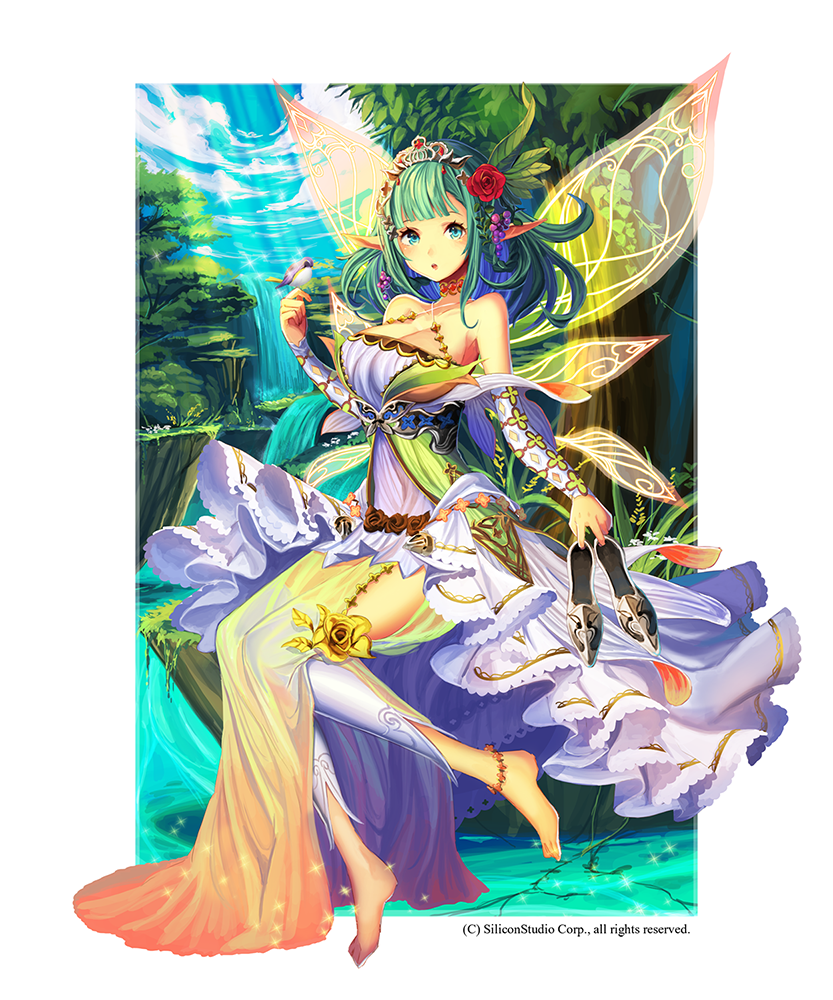 4th anklet barefoot detached_leggings dress fairy_wings flower green_hair gyakushuu_no_fantasica hair_flower hair_ornament jewelry nature official_art pointy_ears river shoes_removed soaking_feet water wings