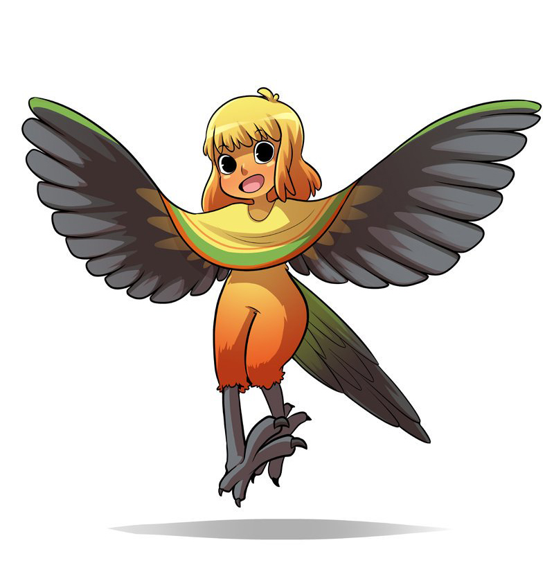 1girl black_eyes blonde_hair claws floating full_body harpy mary_cagle monster_girl multicolored_hair orange_hair original shadow solo two-tone_hair wings