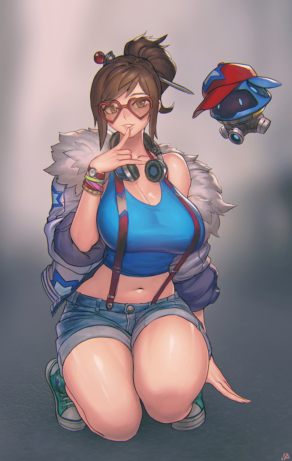 1girl bare_shoulders breasts brown_hair fur-trimmed_jacket fur_trim glasses highres huge_breasts instant_ip jacket looking_at_viewer mei_(overwatch) navel overwatch parted_lips short_hair smile snowball_(overwatch) thick_thighs