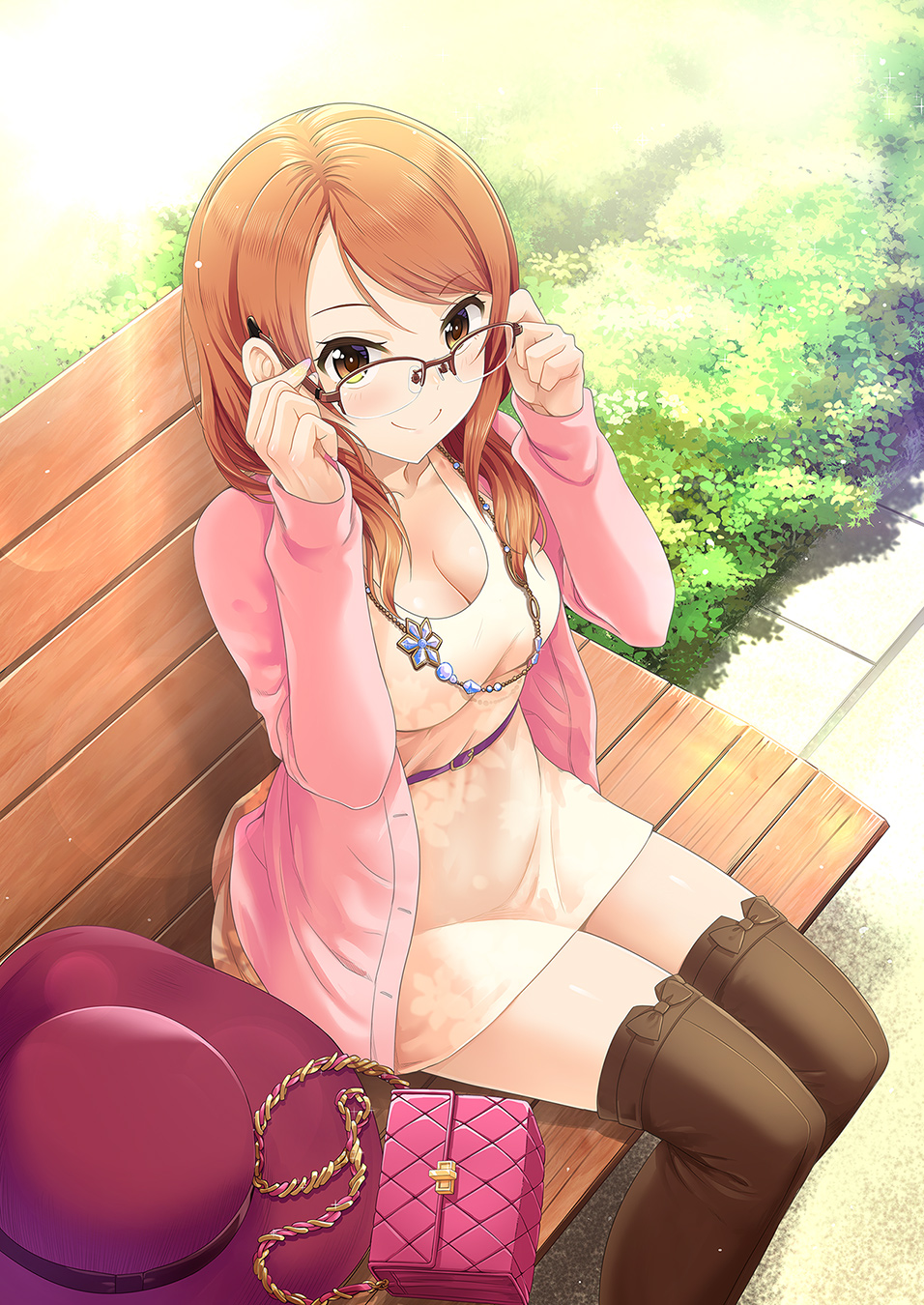 1girl adjusting_glasses bag belt bench boots breasts brown_eyes brown_hair cardigan cleavage dress dutch_angle from_above glasses handbag hat hat_removed headwear_removed highres houjou_karen idolmaster idolmaster_cinderella_girls jewelry kazu long_hair looking_at_viewer looking_up necklace over-rim_glasses park_bench semi-rimless_glasses smile solo thigh-highs thigh_boots