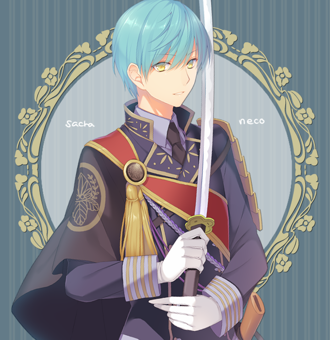 1boy aqua_hair artist_name gloves ichigo_hitofuri katana male_focus parted_lips sakura_neko signature solo striped sword touken_ranbu upper_body vertical-striped_background vertical_stripes weapon white_gloves yellow_eyes