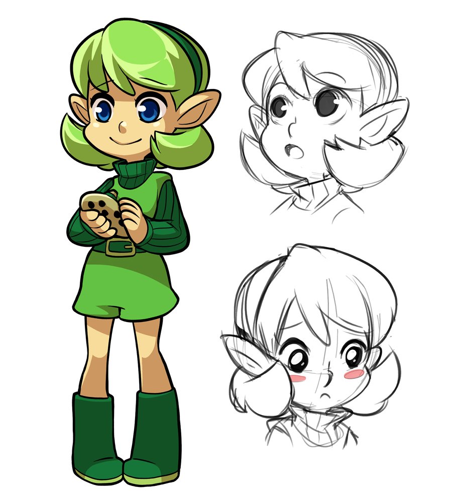 1girl belt blue_eyes blush_stickers boots green_boots green_hair hairband instrument mary_cagle ocarina saria sketch smile solo the_legend_of_zelda the_legend_of_zelda:_ocarina_of_time turtleneck