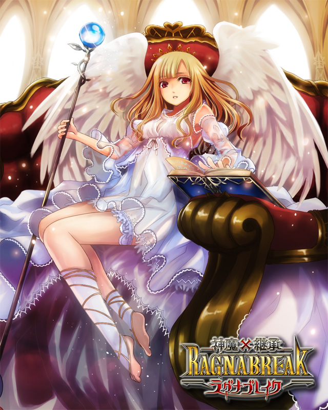 angel angel_wings barefoot blonde_hair book dress long_hair official_art original red_eyes sakurai_unan shinma_x_keishou!_ragnabreak sitting staff throne toeless_socks white_dress wings