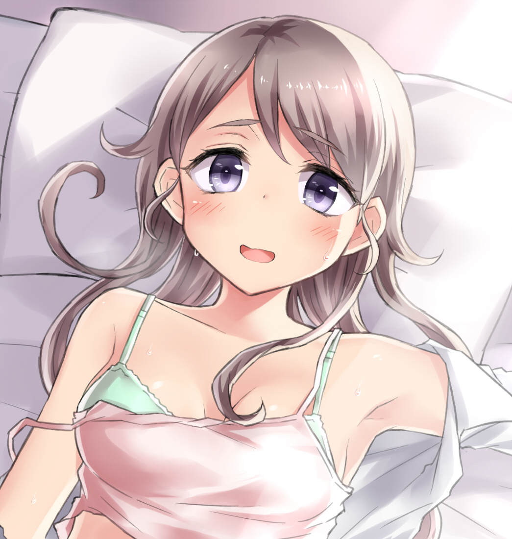 1girl armpits bare_shoulders blush bra breasts camisole cleavage commentary_request green_bra light_brown_hair long_hair looking_at_viewer lying neit_ni_sei on_back on_bed open_clothes open_mouth open_shirt original pillow pink_clothes shadow shiny shiny_skin shirt sidelocks smile solo sweat underwear upper_body violet_eyes