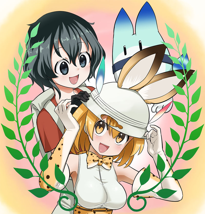 :d adjusting_clothes adjusting_hat adjusting_headwear animal_ears backpack bag bare_shoulders black_eyes black_gloves black_hair blush breasts bucket_hat cat_ears dot_nose elbow_gloves eyebrows_visible_through_hair eyelashes gloves hair_between_eyes hands_up hat hat_feather kaban kemono_friends large_breasts light_brown_eyes looking_at_another looking_down looking_to_the_side looking_up lucky_beast_(kemono_friends) multicolored multicolored_background open_mouth orange_background orange_hair pink_background red_shirt serval_(kemono_friends) serval_ears serval_print shiny shiny_hair shirt short_hair short_sleeves skirt sleeveless sleeveless_shirt smile tareme wanao white_background white_hat white_shirt |_|