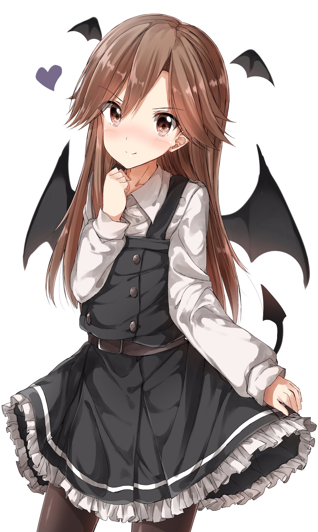 1girl arashio_(kantai_collection) bangs belt black_dress black_legwear black_wings closed_mouth cosplay cowboy_shot demon_tail demon_wings dress dress_shirt frilled_dress frills head_wings heart highres kantai_collection koakuma koakuma_(cosplay) long_hair long_sleeves looking_at_viewer pantyhose pentagon_(railgun_ky1206) pinafore_dress remodel_(kantai_collection) shirt short_dress skirt_hold smile solo standing striped striped_dress tail touhou white_shirt wings