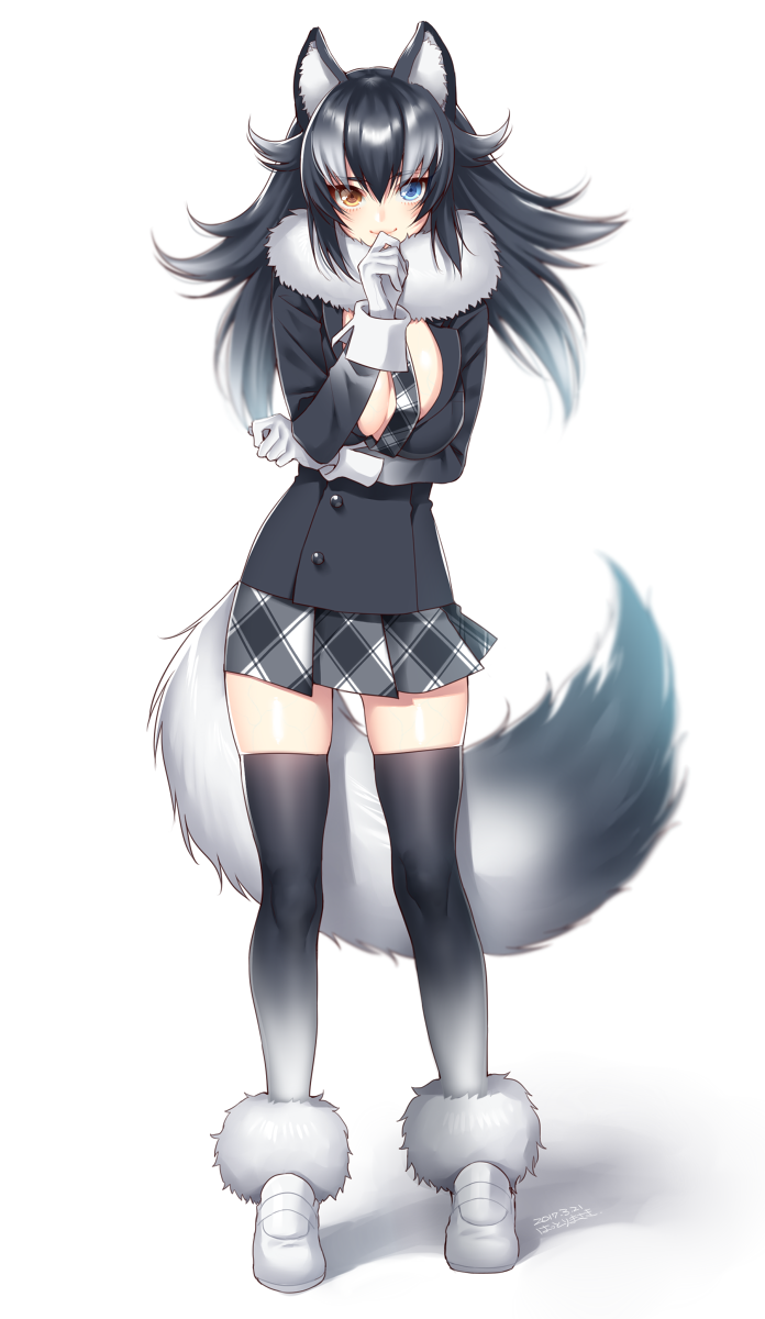 1girl animal_ears black_jacket black_legwear breasts full_body fur_collar gloves grey_wolf_(kemono_friends) hattori_masaki high_resolution highres jacket junoct2000 kemono_friends large_breasts long_hair looking_at_viewer multicolored_hair necktie open_clothes open_jacket shiny shiny_skin simple_background skindentation skirt solo standing tail thigh-highs two-tone_hair white_background white_gloves wolf_ears wolf_tail zettai_ryouiki