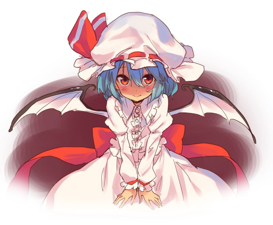 1girl :&gt; bat_wings blue_hair bow frilled_hat frilled_shirt_collar frills hair_between_eyes hat hat_ribbon juliet_sleeves long_sleeves looking_at_viewer mob_cap puffy_sleeves red_bow red_eyes red_ribbon remilia_scarlet ribbon sawayaka_samehada shaded_face shirt short_hair skirt smile solo touhou upper_body v_arms white_hat white_shirt white_skirt wings