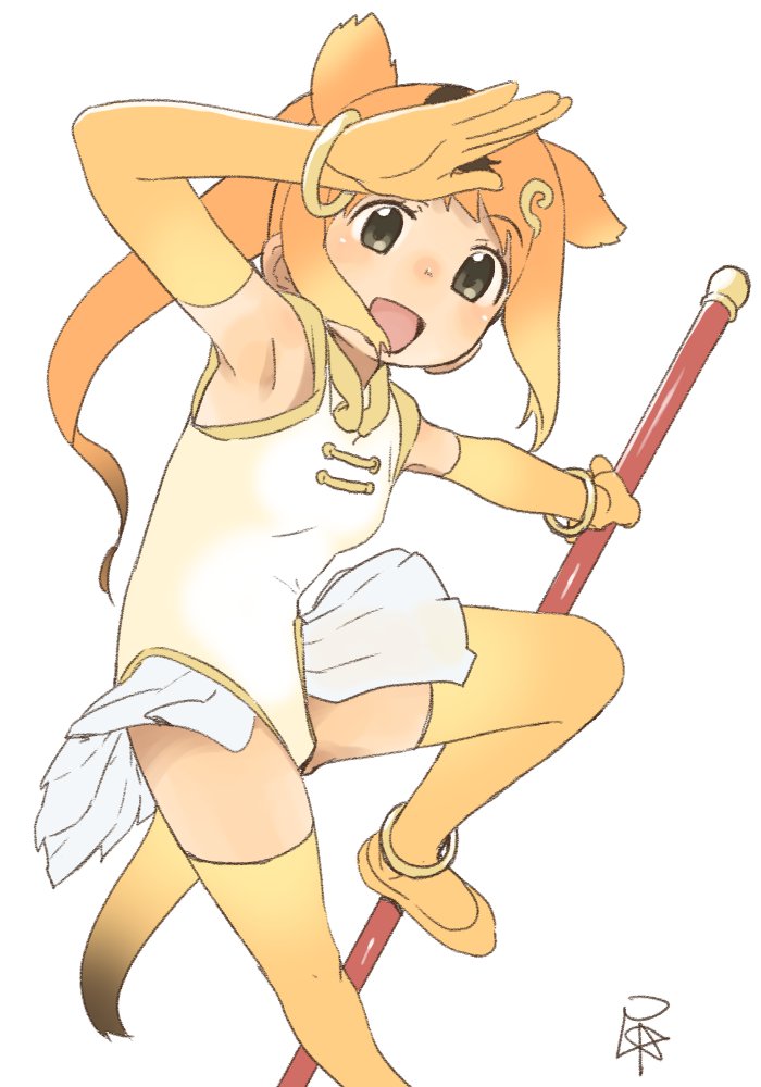 1girl :d animal_ears armpits bare_shoulders baton black_eyes blonde_hair blush bracelet brown_hair collar commentary_request elbow_gloves eyebrows eyebrows_visible_through_hair gloves golden_snub-nosed_monkey_(kemono_friends) gradient_hair hand_on_forehead hand_up high_ponytail jewelry kemono_friends long_hair looking_at_viewer monkey_ears monkey_tail multicolored_hair one_leg_raised open_hand open_mouth orange_hair outstretched_arm ponytail satsuyo shiny shiny_skin signature simple_background skirt sleeveless smile solo tail tareme thigh-highs weapon white_background white_skirt yellow_legwear