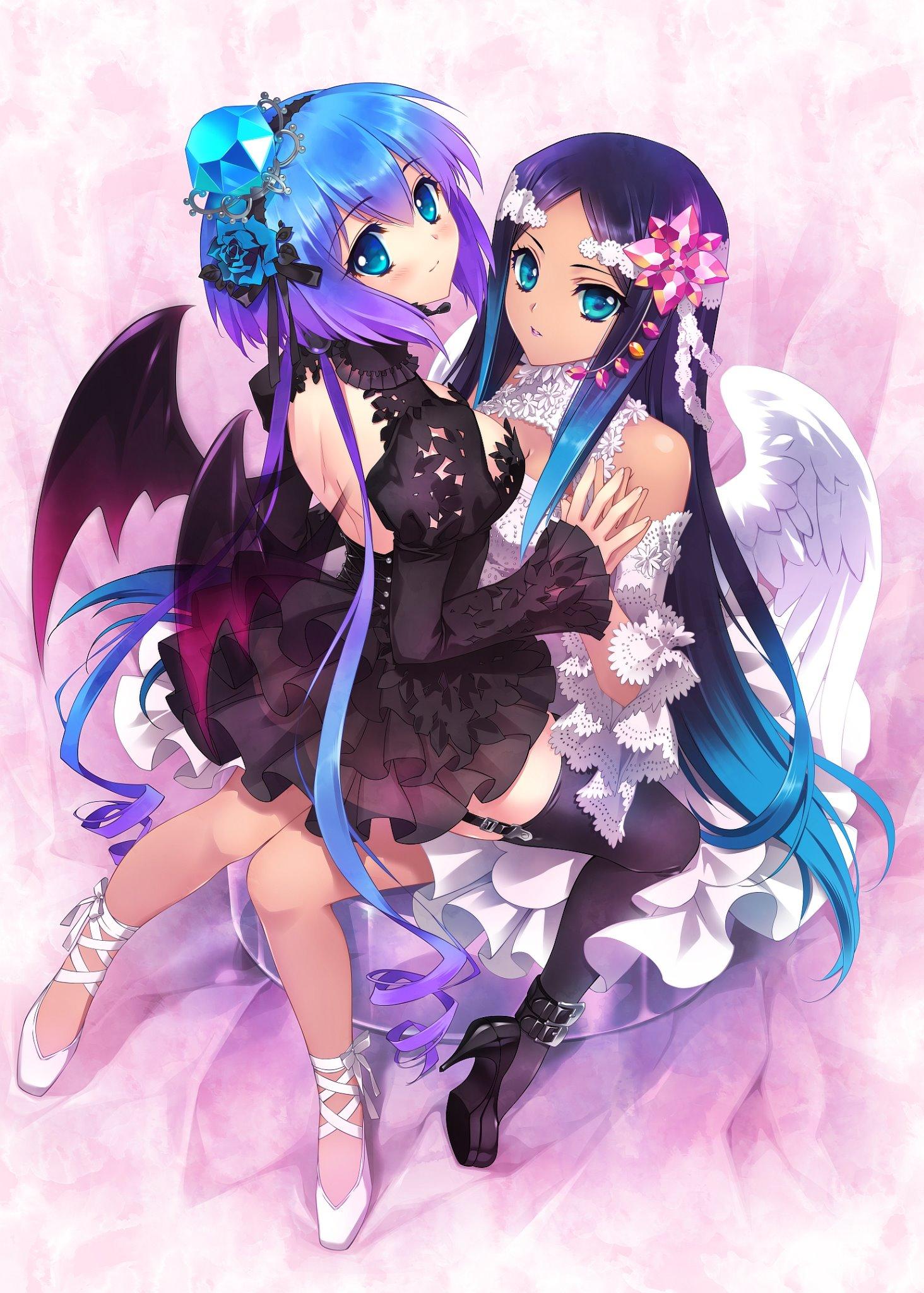 2girls angel_wings aoki_lapis bare_shoulders black_hair black_legwear blue_eyes blue_hair blue_rose carnelian cross-laced_footwear dark_skin demon_wings dress flower frills garter_straps hair_flower hair_ornament high_heels highres lace lace-up_heels long_hair looking_at_viewer merli_(vocaloid) multicolored_hair multiple_girls rose siblings sisters thigh-highs two-tone_hair vocaloid wings