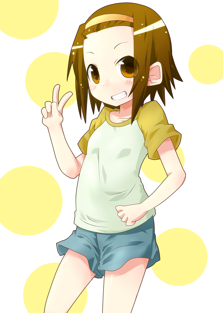 1girl blush brown_eyes brown_hair headband highres k-on! looking_at_viewer miiyon open_mouth shirt short_hair short_sleeves shorts smile solo t-shirt tainaka_ritsu v