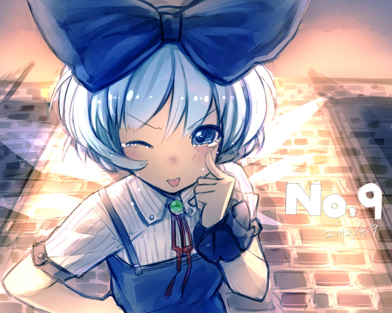 1girl akanbe blue_eyes blue_hair blush bow cirno dated hair_bow hand_on_hip ice ice_wings kurobuta_gekkan looking_at_viewer one_eye_closed short_hair solo tears tongue tongue_out touhou wings wrist_cuffs