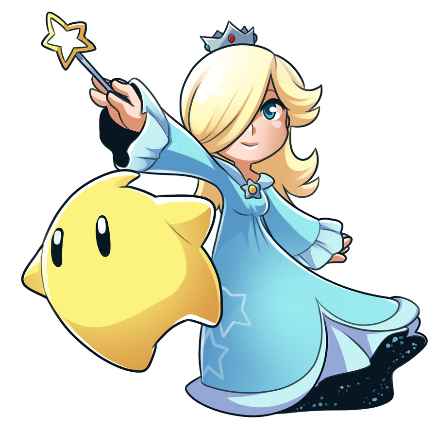 1girl aqua_dress black_eyes blonde_hair blue_eyes chiko_(mario) crown dress hair_over_one_eye super_mario_bros. mary_cagle nintendo rosetta_(mario) smile star super_mario_bros. super_mario_galaxy wand