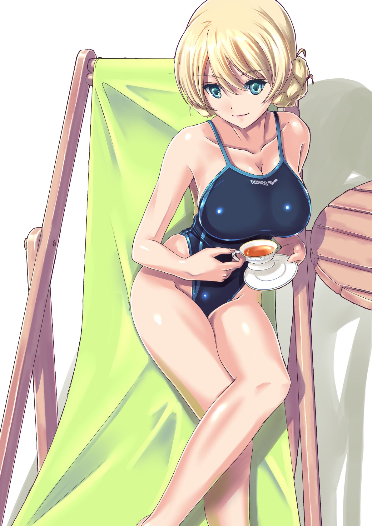 1girl bangs black_tea blonde_hair blue_eyes blue_swimsuit braid breasts cleavage closed_mouth collarbone competition_swimsuit cup darjeeling double_bun girls_und_panzer green_eyes hammock highleg highleg_swimsuit highres holding large_breasts legs_crossed light_smile nenchi one-piece_swimsuit saucer short_hair sitting solo swimsuit tea teacup tied_hair twin_braids