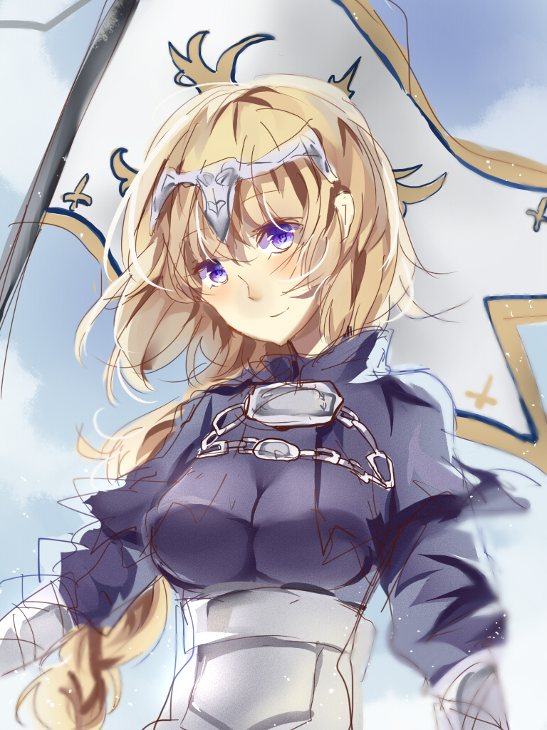 1girl armor armored_dress bangs banner blonde_hair blue_eyes breasts dress fate/apocrypha fate/grand_order fate_(series) floating_hair hair_blowing headpiece holding holding_weapon long_hair looking_at_viewer ruler_(fate/apocrypha) shuuko_(2789069) sketch smile solo standing very_long_hair weapon wind