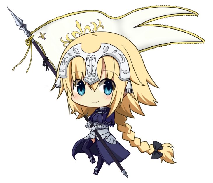 1girl armor armored_dress bangs banner blonde_hair blue_eyes braid breasts dress fate/apocrypha fate/grand_order fate_(series) floating_hair gloves headpiece holding holding_weapon long_hair looking_at_viewer ruler_(fate/apocrypha) smile solo standing very_long_hair weapon