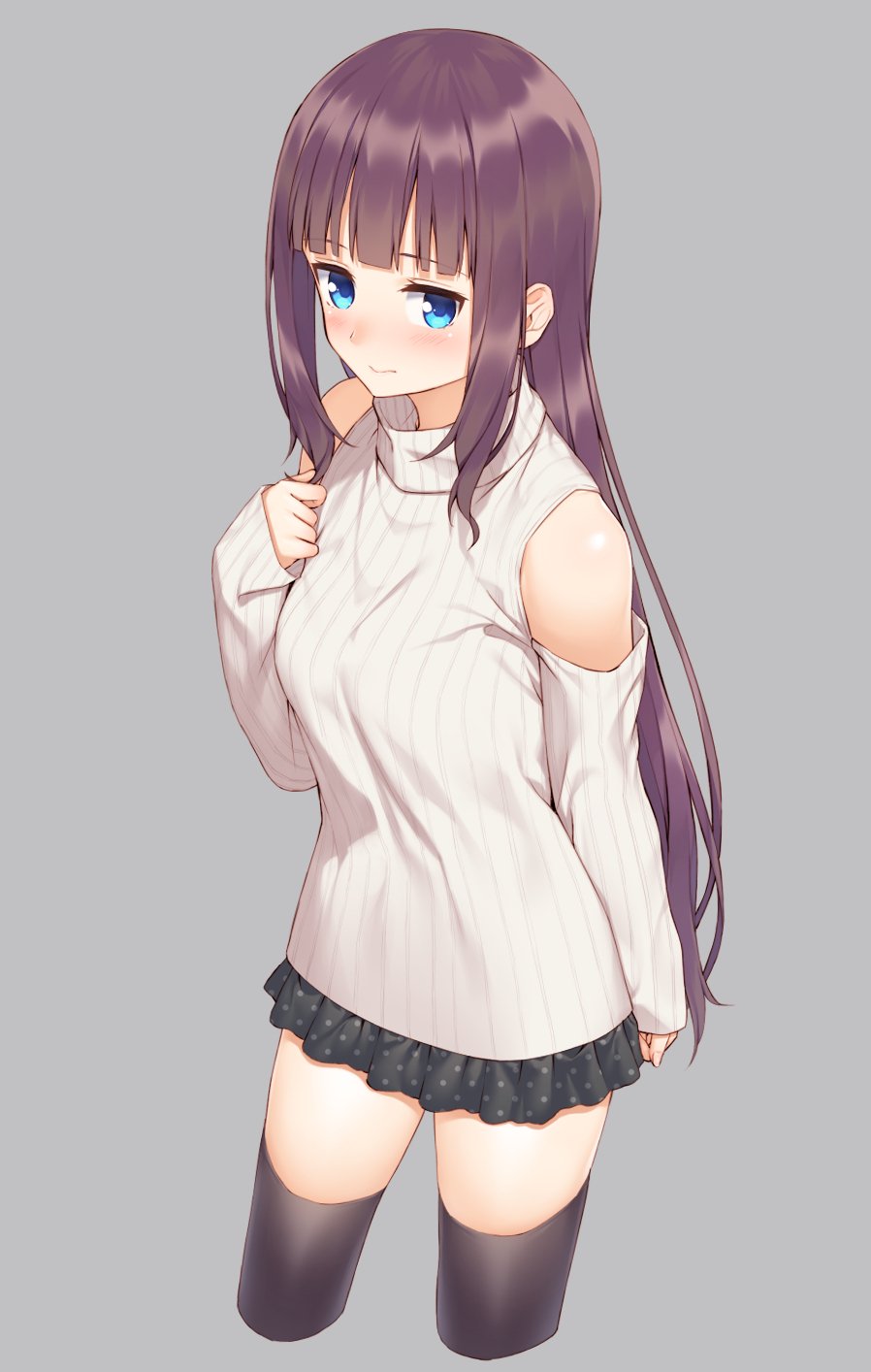 1girl 3: bare_shoulders black_skirt blue_eyes blush breasts brown_hair eyebrows_visible_through_hair frown grey_background highres large_breasts long_hair long_sleeves looking_at_viewer mikazuchi_zeus new_game! ribbed_sweater simple_background skirt sleeveless sleeveless_turtleneck solo sweater takimoto_hifumi thigh-highs turtleneck