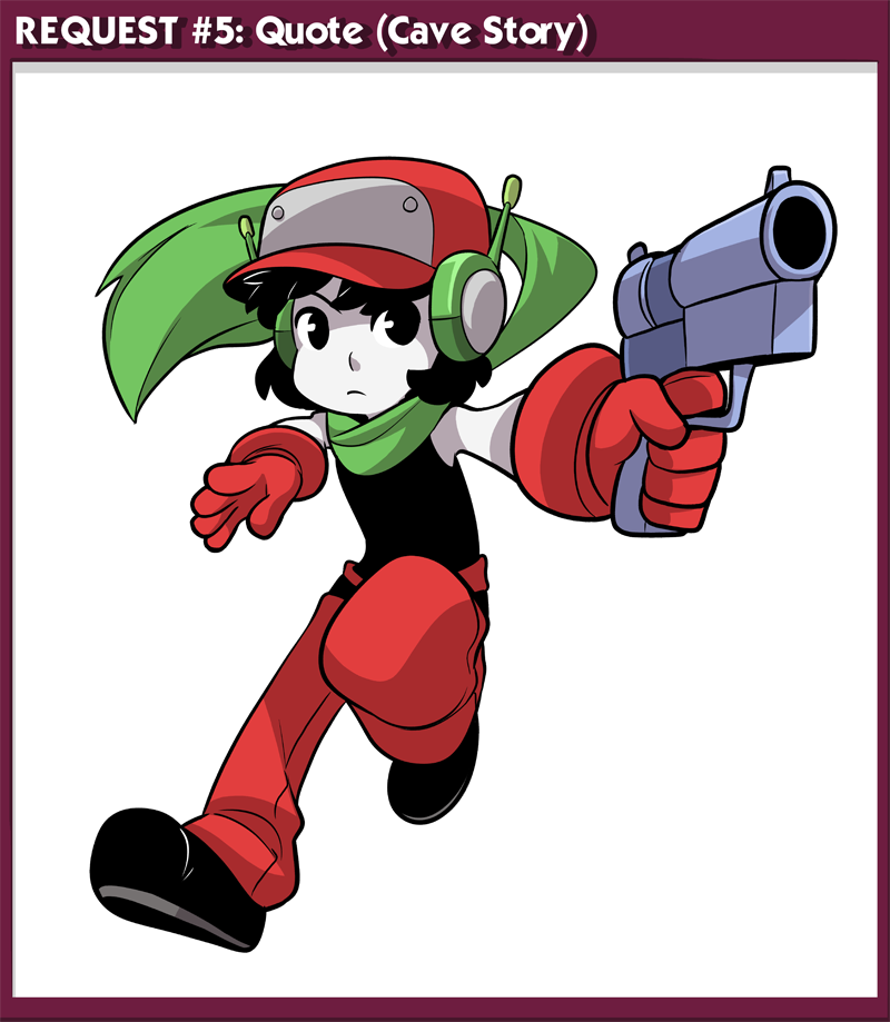 1boy character_name copyright_name doukutsu_monogatari finger_on_trigger full_body gloves green_scarf gun hat male_focus mary_cagle quote red_gloves scarf sleeveless solo weapon