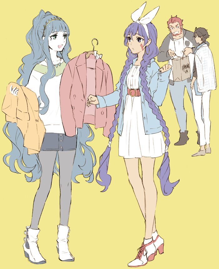 2boys 2girls ahoge beard black_hair braid brown_hair casual cleopatra_(fate/grand_order) dark_skin denim facial_hair facial_mark fate/grand_order fate/prototype fate/prototype:_fragments_of_blue_and_silver fate_(series) full_body isshoku_(shiki) jeans long_hair multiple_boys multiple_girls nitocris_(fate/grand_order) open_mouth pants pantyhose ponytail purple_hair redhead rider_(fate/prototype_fragments) rider_(fate/zero) short_hair smile twin_braids very_long_hair violet_eyes yellow_eyes