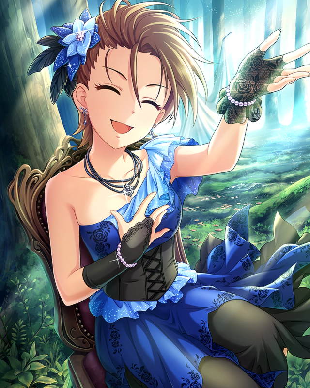 1girl artist_request bare_shoulders blue_dress bracelet brown_hair card_(medium) chair closed_eyes collarbone dress earrings fingerless_gloves flower forest gloves grass green_eyes hair_flower hair_ornament idolmaster idolmaster_cinderella_girls jewelry kimura_natsuki music nature necklace official_art open_mouth short_hair singing sleeveless sleeveless_dress smile solo strapless strapless_dress tree