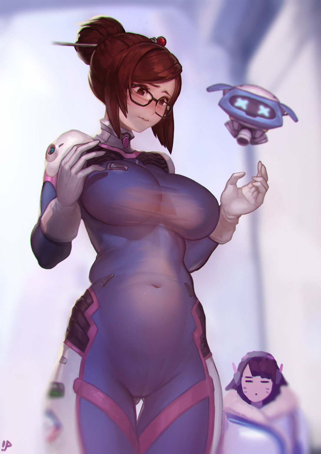 2girls beads biting blurry blush bodysuit breast_envy breasts brown_eyes brown_hair cosplay costume_switch d.va_(overwatch) d.va_(overwatch)_(cosplay) depth_of_field facial_mark glasses gloves gluteal_fold hair_bun hair_ornament hair_stick highres instant_ip large_breasts lip_biting mei_(overwatch) mei_(overwatch)_(cosplay) multiple_girls navel overwatch plump revision robot see-through snowball_(overwatch) standing taut_clothes thigh_gap whisker_markings white_gloves