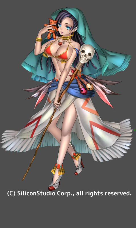 1girl bare_shoulders black_hair blue_eyes bracelet breasts cleavage company_name dark_skin earrings facial_tattoo feathers full_body grey_background gyakushuu_no_fantasica hairlocs high_heels jewelry long_hair midriff navel necklace official_art ryuki@maguro-ex simple_background skull solo staff tattoo veil voodoo_doll