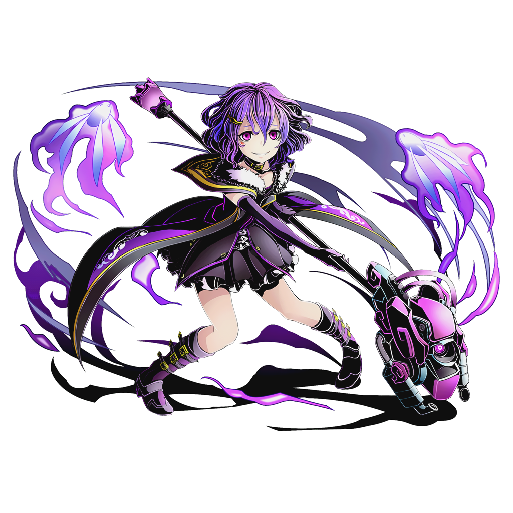 1girl black_dress claudy collar divine_gate dress elbow_gloves floating_hair frilled_dress frills full_body gloves grin hair_between_eyes hair_ornament hairclip holding holding_weapon looking_at_viewer official_art pink_eyes purple_gloves purple_hair short_hair smile solo transparent_background ucmm weapon wezaadoriizu