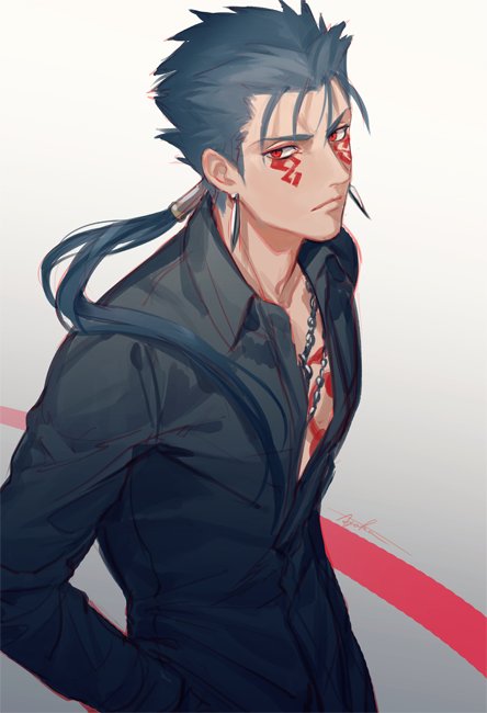 1boy blue_hair cu_chulainn_alter_(fate/grand_order) earrings fate/grand_order fate_(series) formal jewelry lancer long_hair looking_at_viewer male_focus ponytail red_eyes simple_background solo suda_ayaka suit tattoo