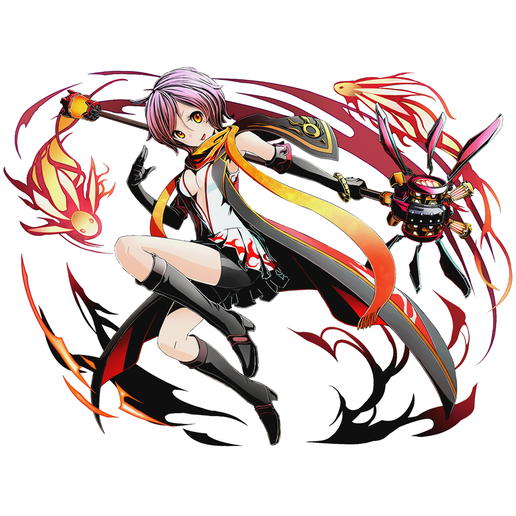 1girl bike_shorts black_boots black_gloves black_shorts boots bracelet breasts cleavage divine_gate elbow_gloves full_body gloves hair_between_eyes holding holding_weapon jewelry knee_boots looking_at_viewer medium_breasts official_art orange_eyes orange_scarf pink_hair pleated_skirt sanito scarf shirt short_hair shorts shorts_under_skirt skirt sleeveless sleeveless_shirt solo transparent_background ucmm unzipped weapon wezaadoriizu white_shirt white_skirt