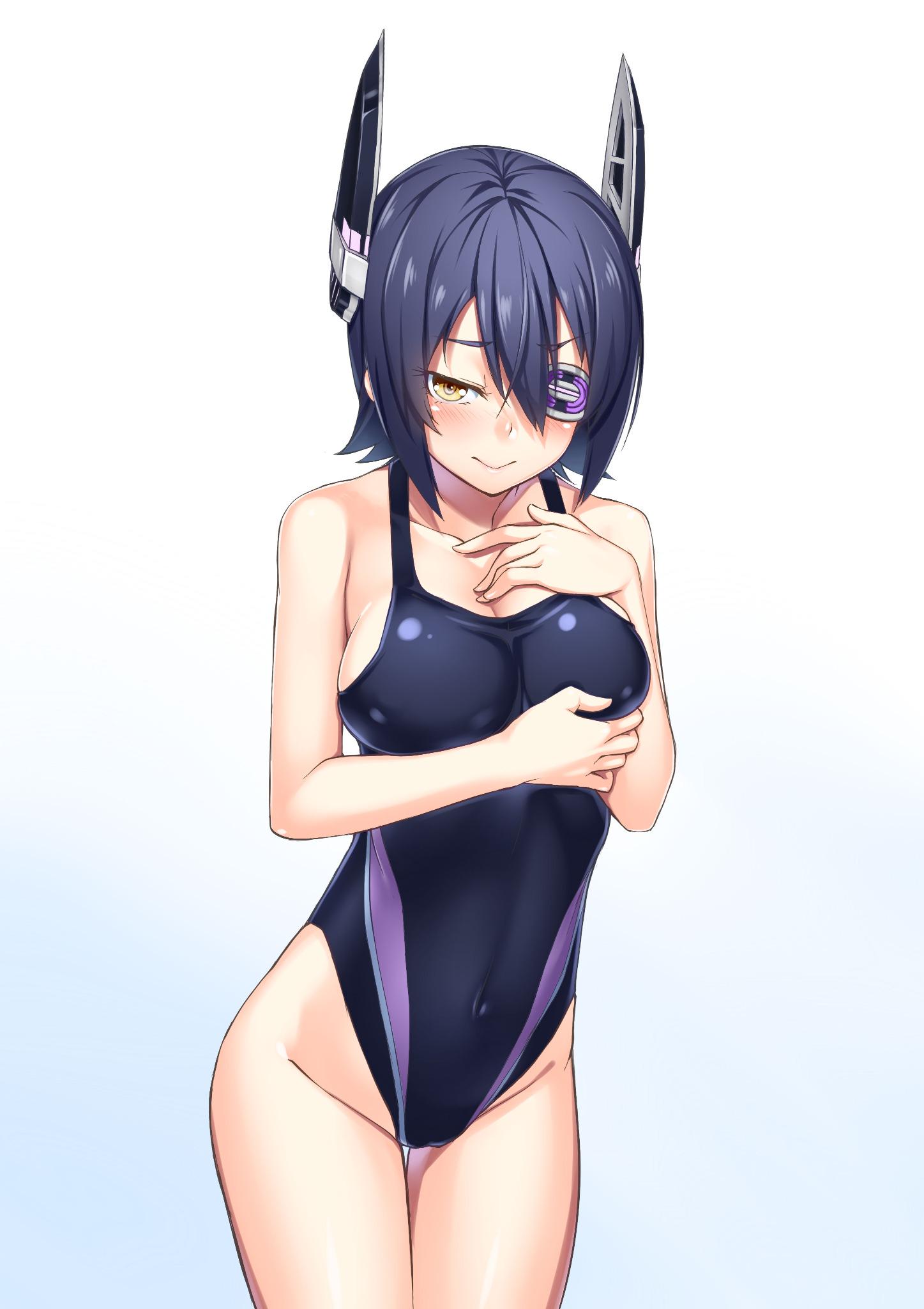 1girl blush breasts competition_swimsuit embarrassed eyepatch h_kasei headgear highres kantai_collection large_breasts looking_at_viewer one-piece_swimsuit purple_hair short_hair smile solo swimsuit tenryuu_(kantai_collection) yellow_eyes