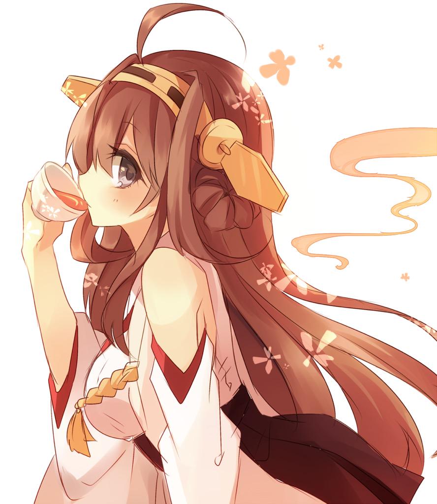 1girl ahoge bare_shoulders brown_hair cherry_blossoms cup detached_sleeves from_side headband kantai_collection kongou_(kantai_collection) long_hair looking_at_viewer nontraditional_miko orqz simple_background solo tea teacup